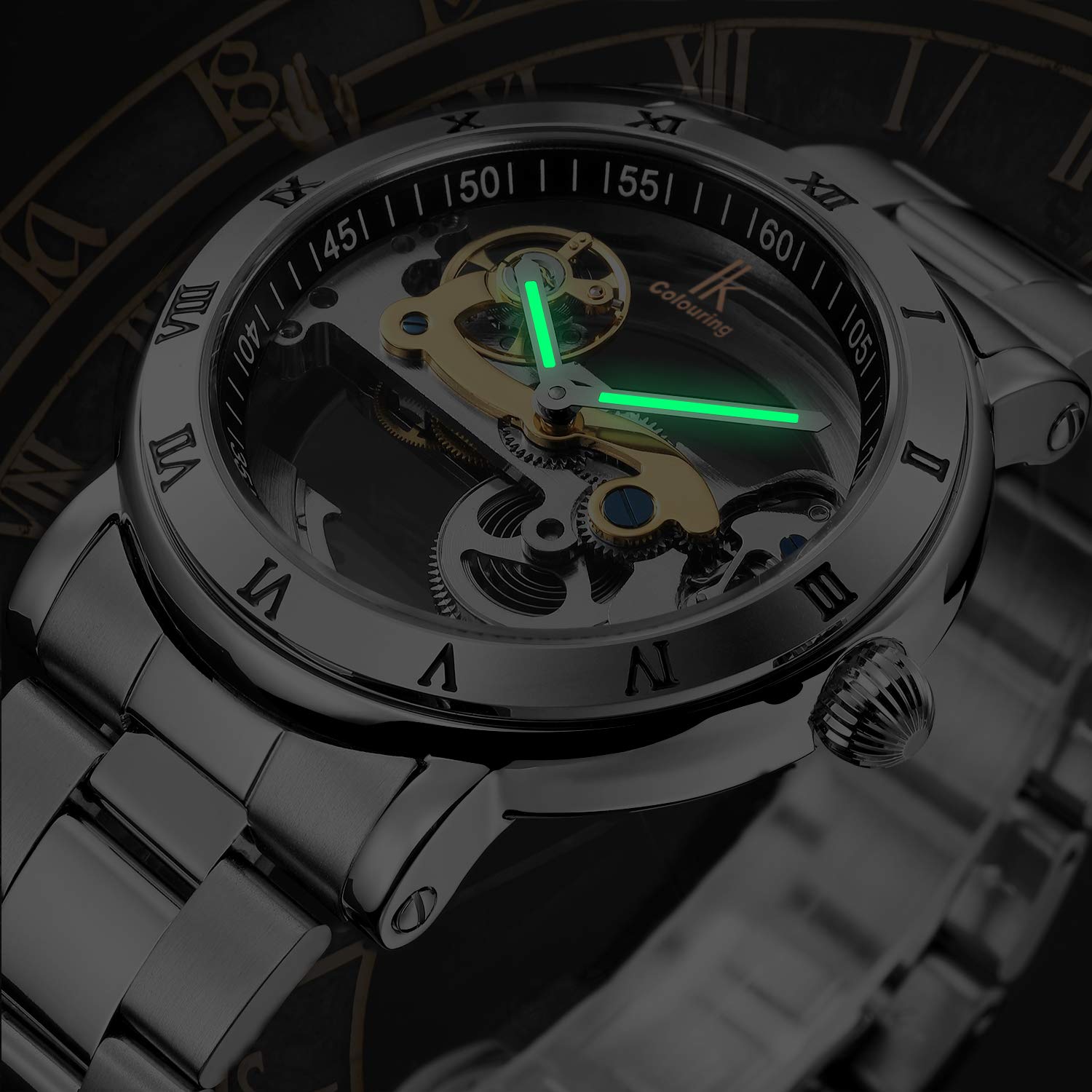 Gute Men's Watches, Mechanical Automatic Self-Winding Waterproof Watch, Luxury See Through Hollow-Out Minimalist Transparent Steampunk Roman Numerals Silver Case Wrist Watch