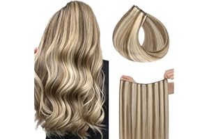 HOTBANANA Wire Hair Extensions, 20 inch 110g Ash Brown Highlighted Golden Blonde Fish Line Hair Extensions Real Human Hair Straight Invisible Wire Hair Extensions Remy Hair Extensions
