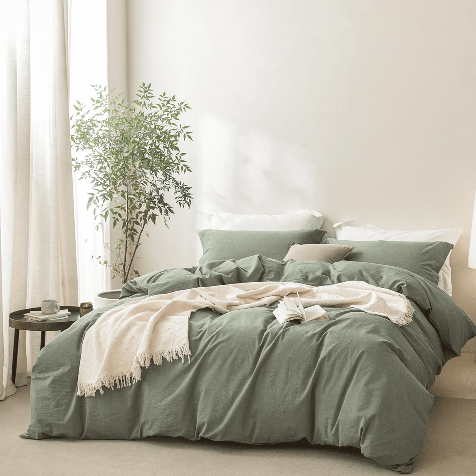 Photo 1 of BDEAR Linen Feel Heathered Green Duvet Cover Oversized Queen Size 98'' L x 98'' W, 100% Washed Cotton Duver Cover with Zipper Closure Plus 2 Pillowcases, Oeko TEX Standard Certificated
