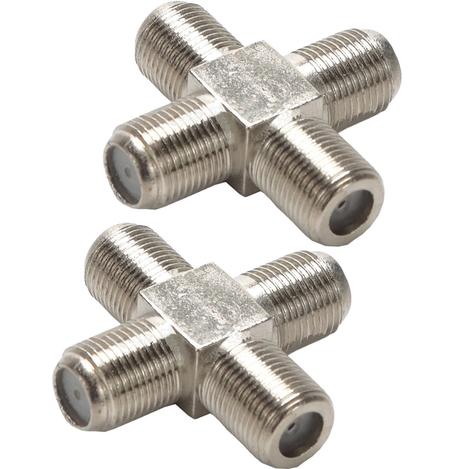 Fohevers 2 Packs 4 Way F Type Female Satellite Barrel Connector T-Shape Adapter for TV Video VCR Antenna Cable Box, Satellite Receiver TV Aerial — image 1