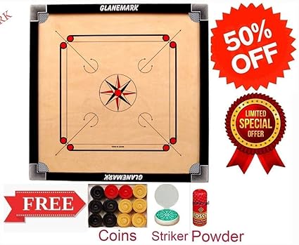 GLANEMARK (((Superb Glossy Finish ))) Cut Pocket ((( Full Size Large))) 32 inch Carrom Board (((Coins Striker and Powder))) {{{ Free of Cost }}}