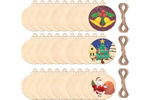 pojah 60Pcs Wood Slices,3.5" Wooden Christmas Ornaments,Unfinished Predrilled Wood Circles for Crafts Centerpieces,DIY Round Wooden Discs Hanging Decorations