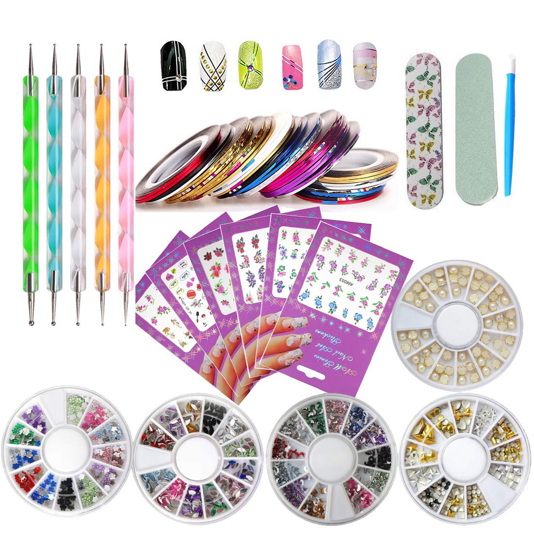 DIY Glitter Nail Rhinestones Decorations Dotting Tool Water Transfer Sticker Decal Nail Line Tape Striping Nails Sanding Buffing File Beauty Accessories Nail Art Set Kit
