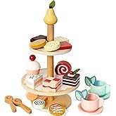 PairPear Tea Party Set Dessert Stand Playset -Wooden Toys Pretend Play Food Kitchen Accessories for Toddler Tea Set Birthday Gift