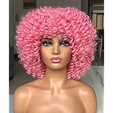 RunM hair Short Curly Wigs for Black Women with Bangs Curly Afro Wig Big Bouncy Fluffy Kinky Synthetic Wig for Daily Party Cosplay(Pink)