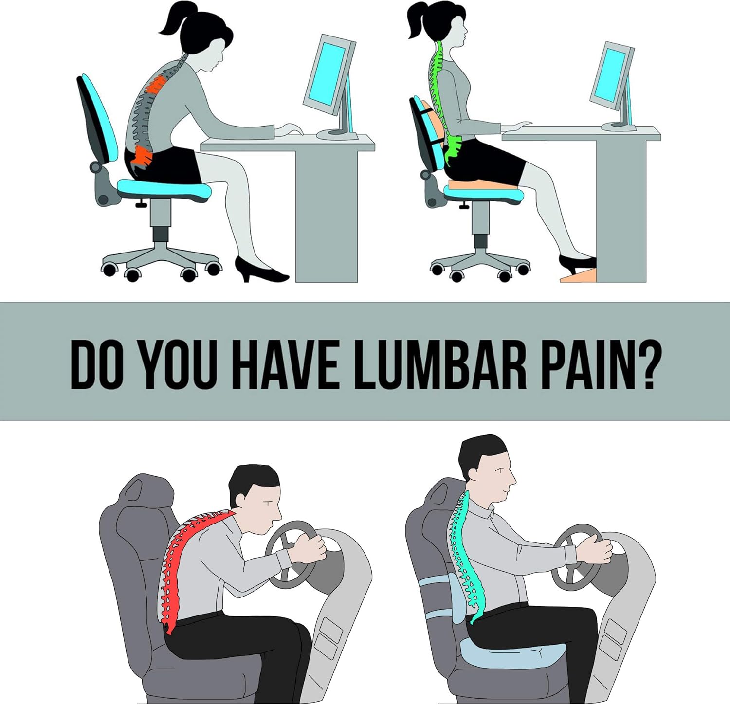 SOFTaCARE Seat Cushion Coccyx Orthopedic Memory Foam and Lumbar Support Pillow, Set of 2 (Black, 2 pcs): Home & Kitchen