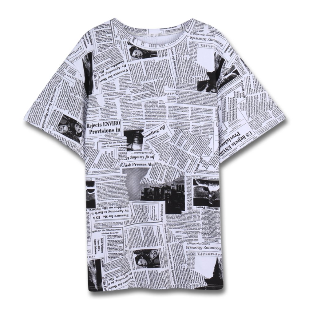 Focal20 T-Shirt Women T Shirt Newspaper Letter Print Short Sleeve Casual Loose Black Tee Top
