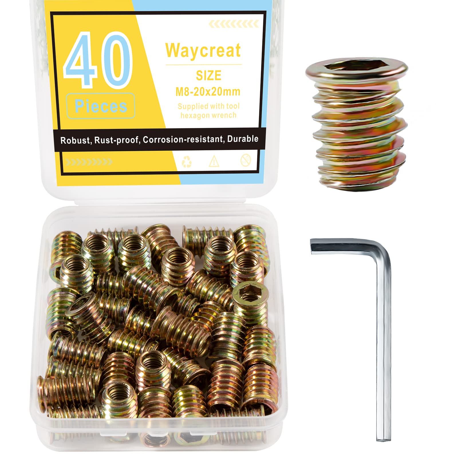 Waycreat 40pcs M8 x 20mm Threaded Inserts Nuts for Wood, Hex Socket Drive Threaded Inserts Fastener Nuts, Gold