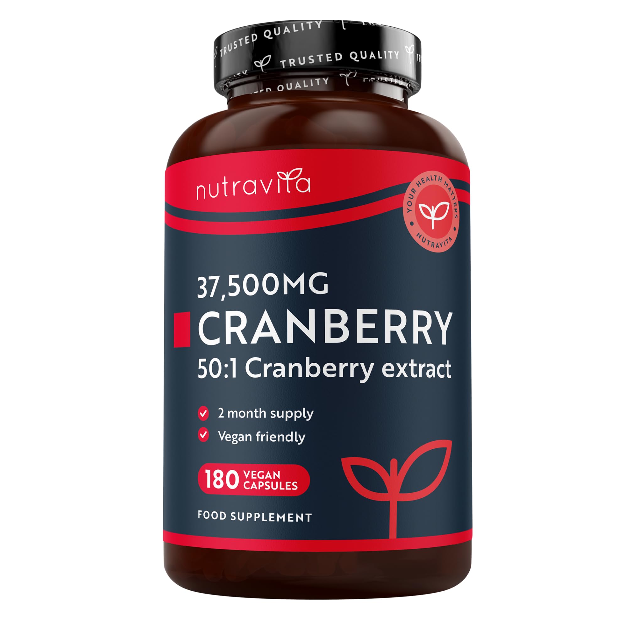 Nutravita Max Strength Cranberry 37,500mg - 180 Vegan Capsules – Daily Supplement for Women – 50:1 Pure Cranberry Extract Supplement – Made in The UK