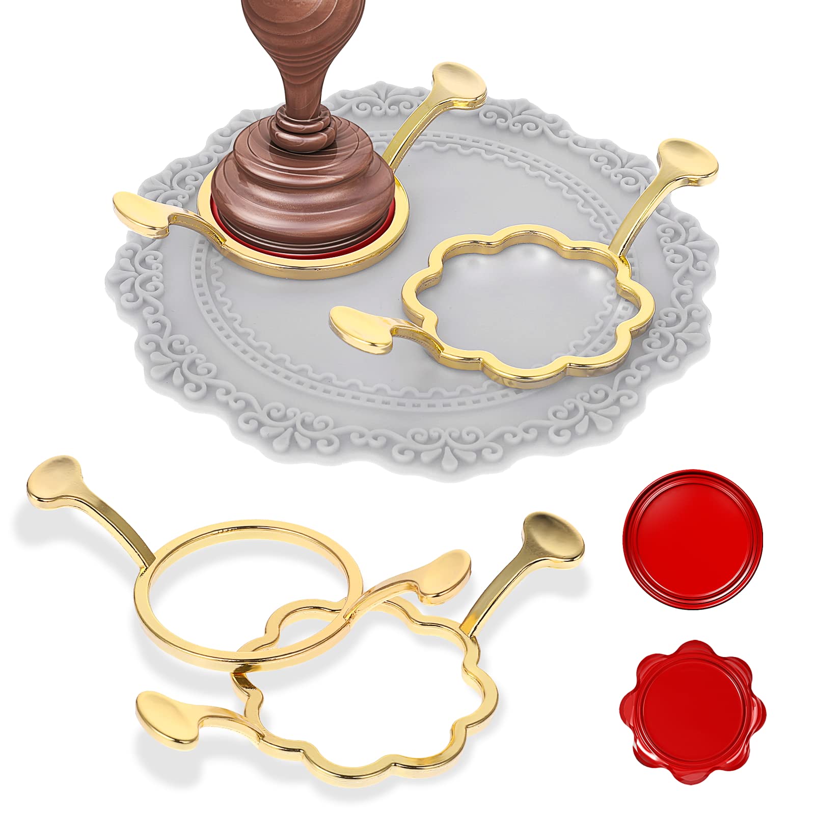 cobee Sealing Wax Stamp Kit for 1 Inch Seal Stamp, 2 Pcs Seal Molds with Silicone Waxing Mat - Gift Wrapping Decoration Envelopes Cards Wedding Invitations (Round, Flower)