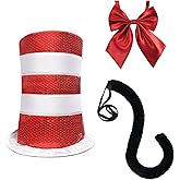 3 Pcs Read Book Day Cat Costume Accessories Set, Including Red & White Striped Top Hat,Red Bow Tie,Black Tail for Adult Women Men