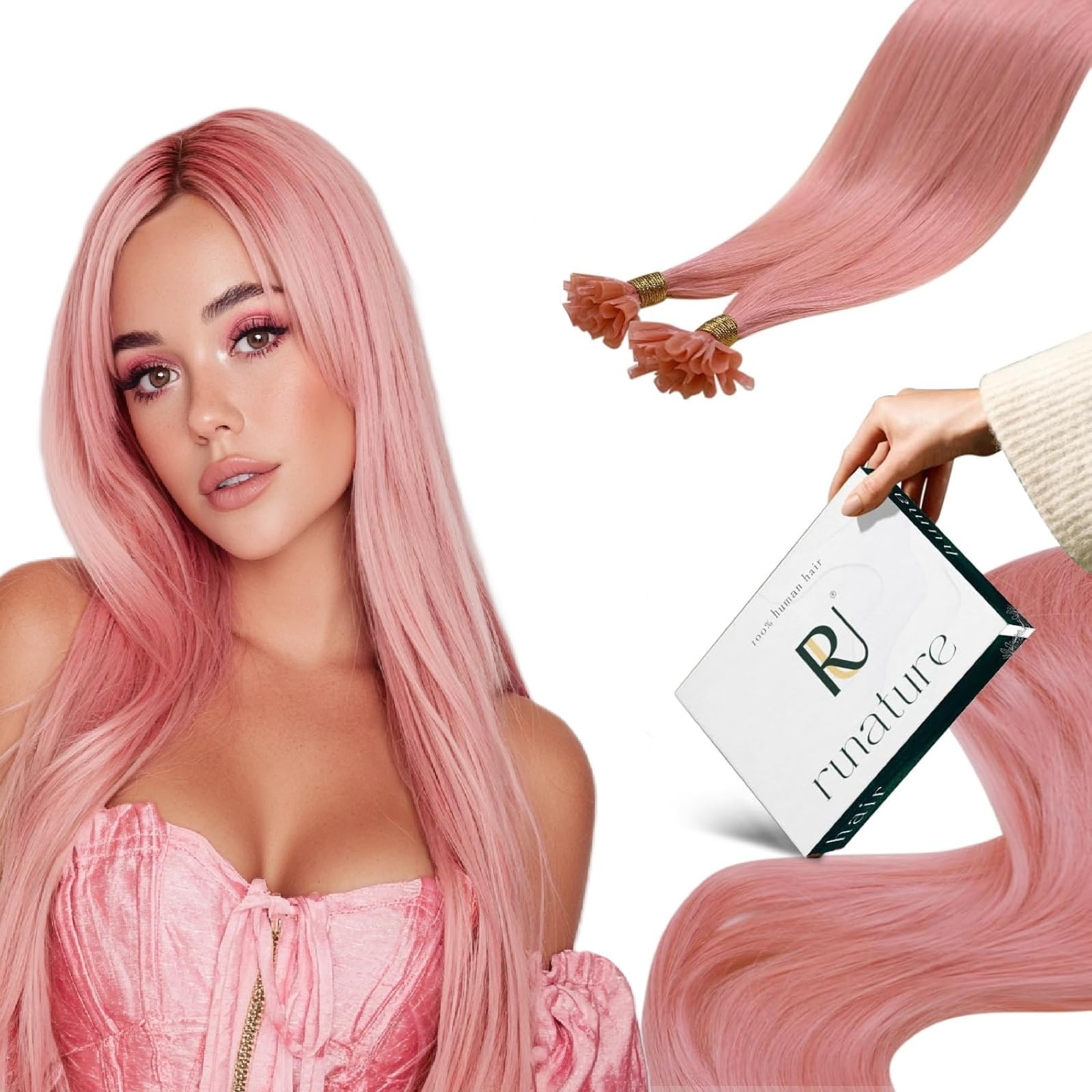 RUNATURE U Tip pink Hair Extensions Human Hair Keratina U Tipped pink Hair Extensions Real Human Hair 16 Inch 20 Gram — image 1