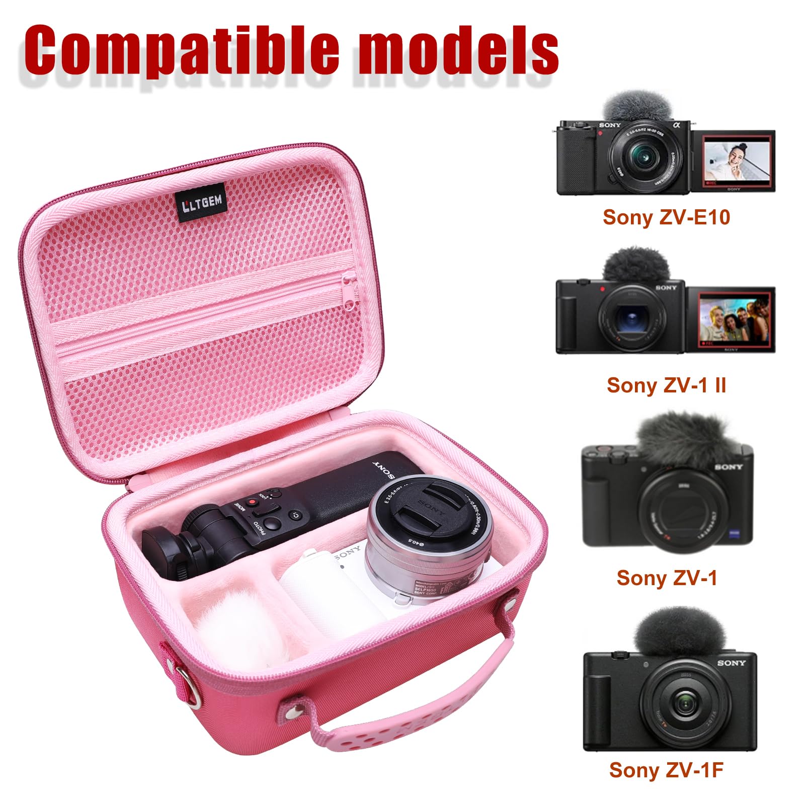 Camera Case Compatible with Sony Alpha ZV-E10 / ZV-1F / ZV-1 / ZV-1 II Vlog Camera with Shoulder Strap by LTGEM, Fits Vlogger Accessory Kit Tripod and Microphone, Magenta+Pink