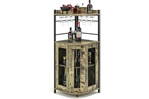 Giantex Corner Bar Cabinet with Glass Holder, Industrial Wine Cabinet with Metal Mesh Doors & Adjustable Shelf, Buffet Cabine
