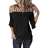 Hilltichu Womens Spaghetti Straps Cold Shoulder Shirts Casual Half Sleeve Tops