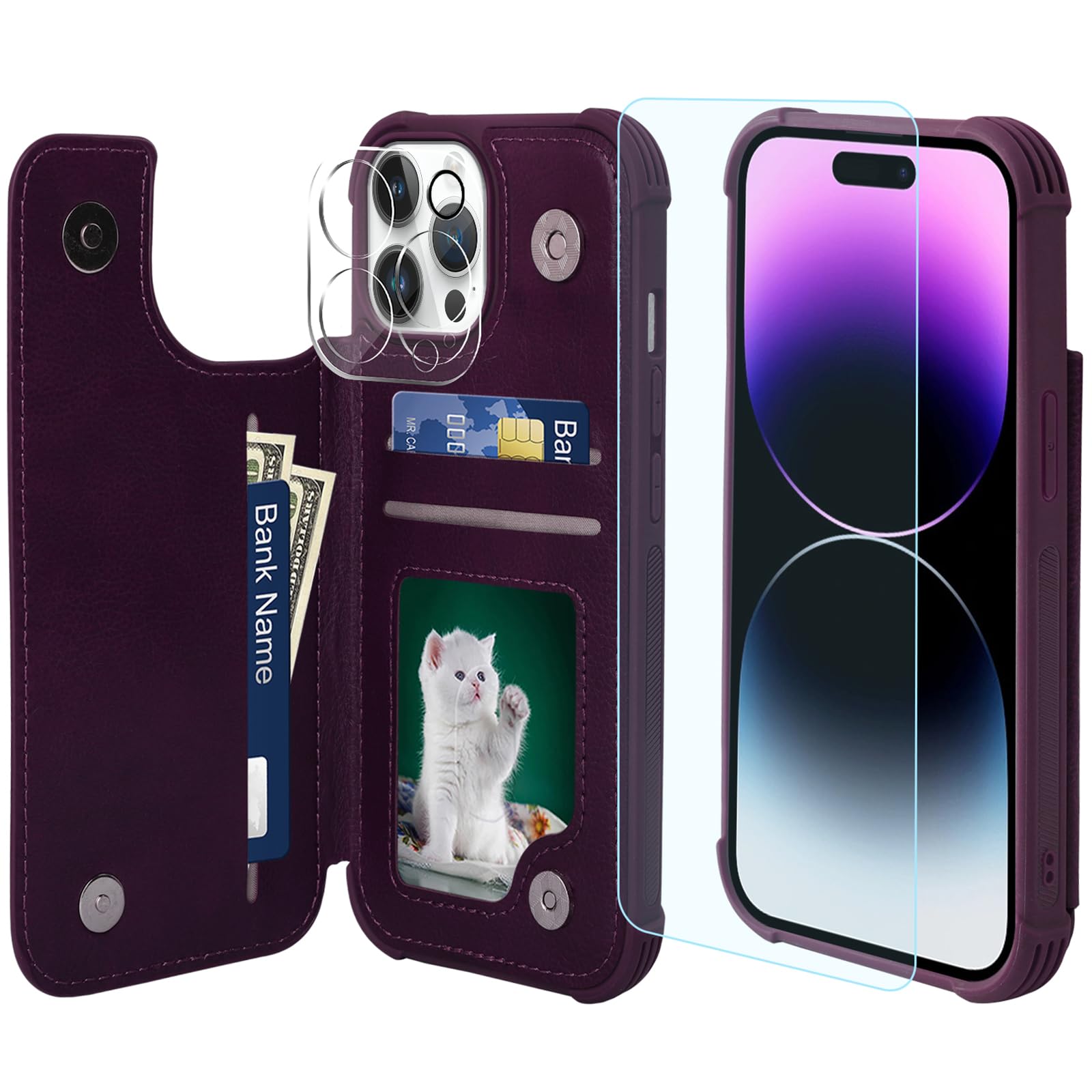 VANAVAGY Wallet Case Compatible for iPhone 15 Pro Max,Leather Flip Folio Shockproof Phone Cover Fit Magnetic Car Mount [Screen Protector Included] with Credit Card Holder, Purple