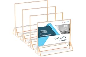 Sezanrpt Acrylic Table Card Holder - Gold Edge 4x6 Horizontal 4 Pack, Clear Picture Frames, Acrylic Sign Holder for Restaurant Menu Display, Wedding Table Numbers