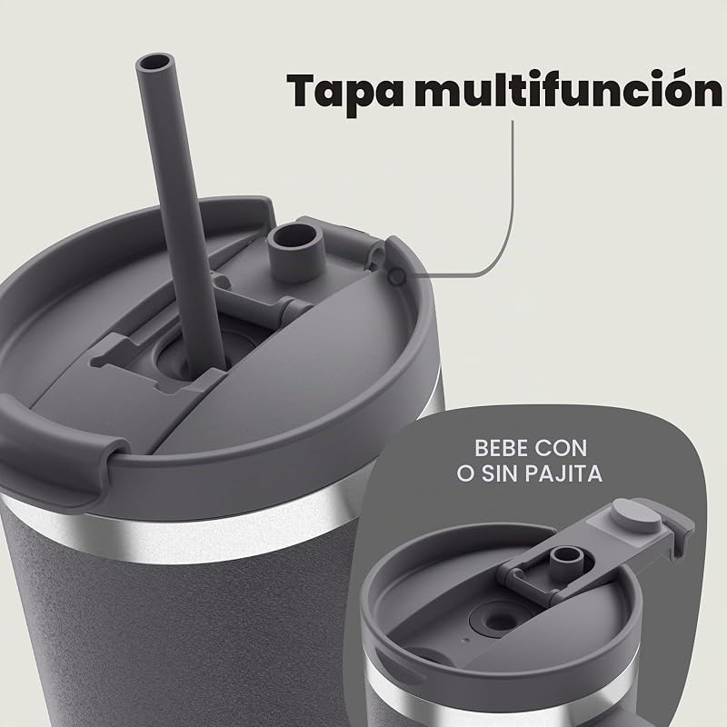 Botella termo 1200 ml con asa y pajita, Botella térmica aislada de acero inoxidable con tapa, Thermos, Se enfría durante 29 horas, Taza termo, Sin BPA, Darkstone