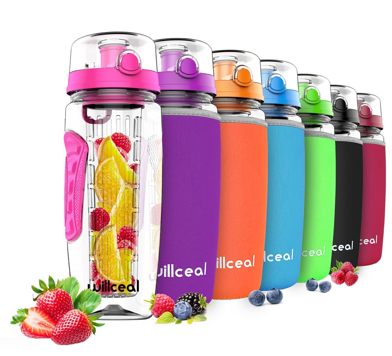 willceal Fruit Infuser Water Bottle 32oz Durable,Large - BPA Free Tritan,Flip Lid, Leak Proof Design - Sports, Camping (Pink)