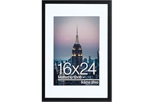 Frame Amo Black 16x24 Picture Frame, 11.5x17.5 White Mat Opening for 12x18 Image, 1 Inch Border, Acrylic Front