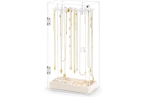 JENSEITS Necklace Holder, Acrylic Jewelry Organizer with 24 Hooks, Rotation Clear Necklaces Pendant Display Case Stand, Dust-proof Velvet Tray Hanging Rack Storage for Earrings Rings