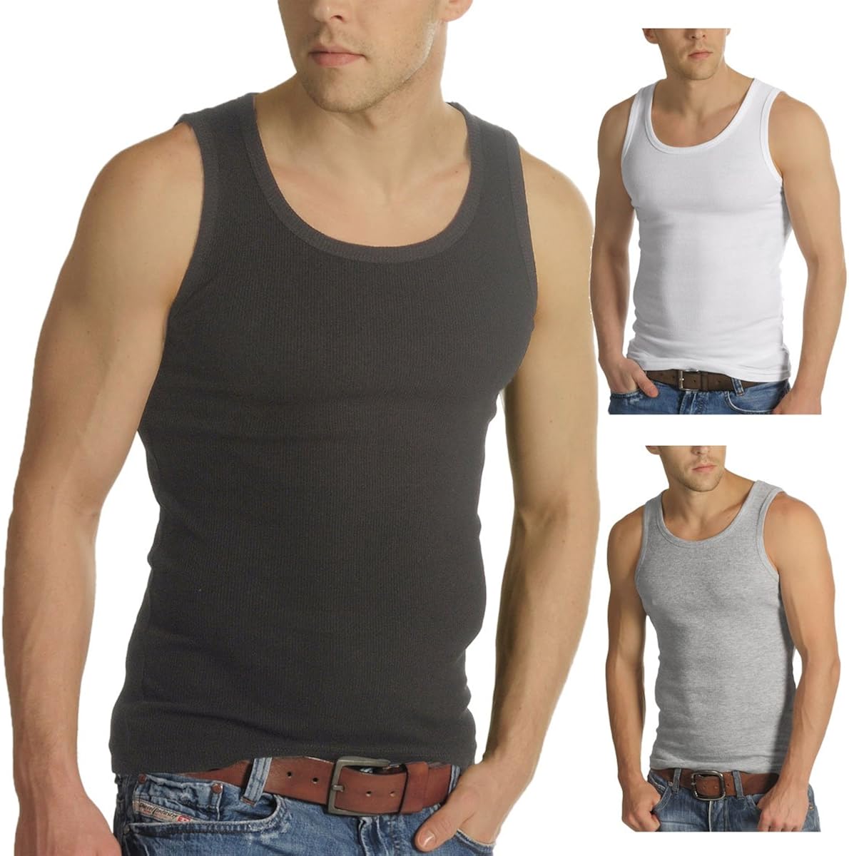 Raiken Men's 3 Pack Ribbed Slim Fit Sleeveless Cotton Gym Vest Tank Top