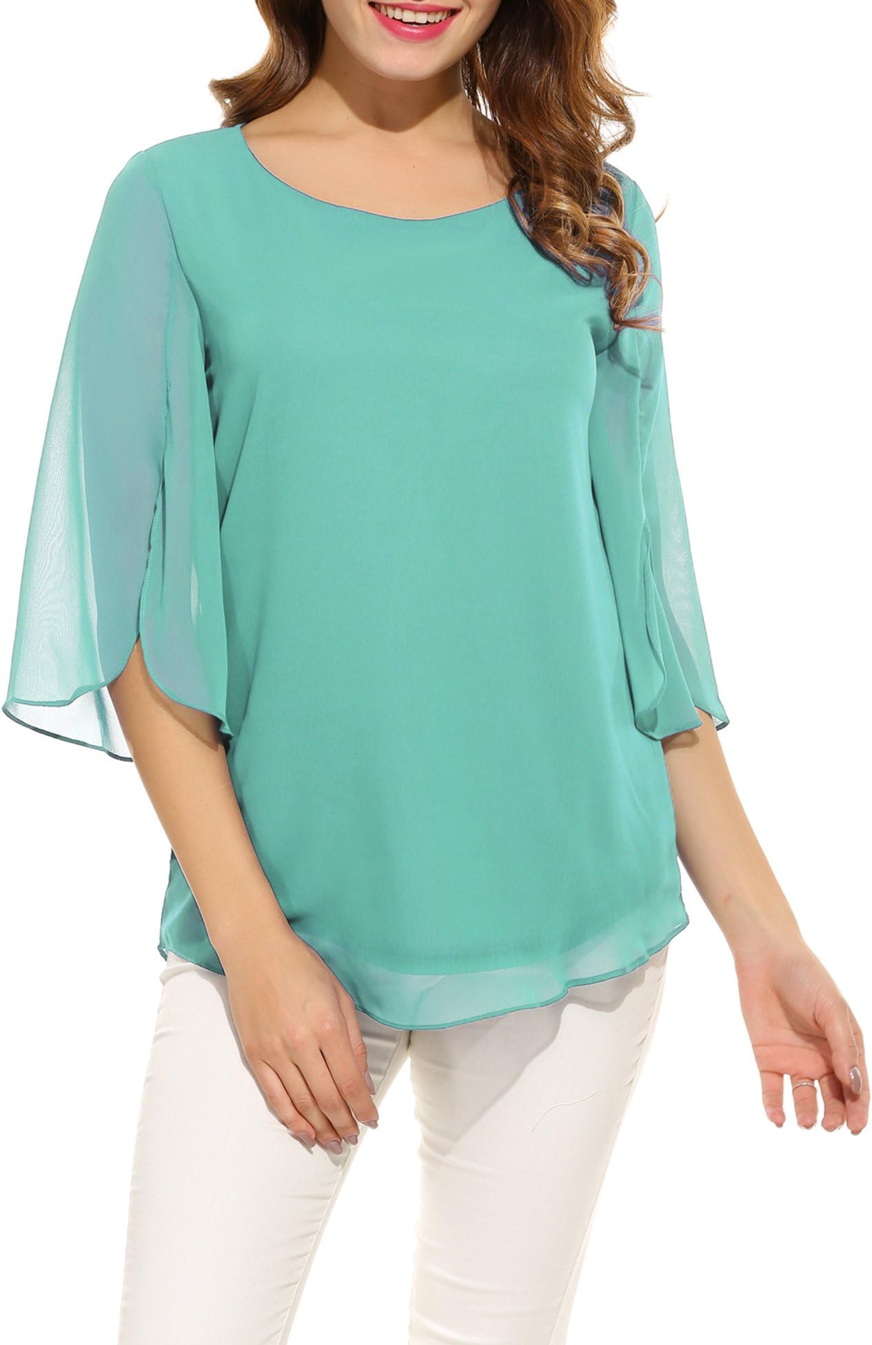 Women's Casual Chiffon Blouse Scoop Neck 3/4 Sleeve Top Shirts