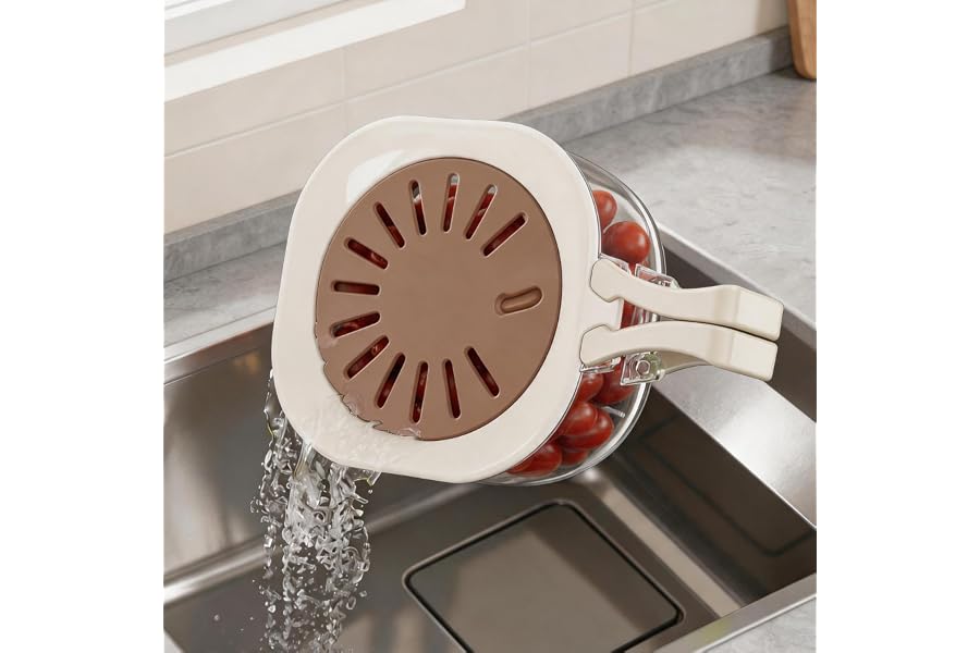 Fruit Vegetable Washer Cleaning Bowl with Strainer, Multifunctional Berry Strainer Container, Lettuce Storage Keeper for Fridge Organization, Kitchen Fruit Drainer Colander (Brown)