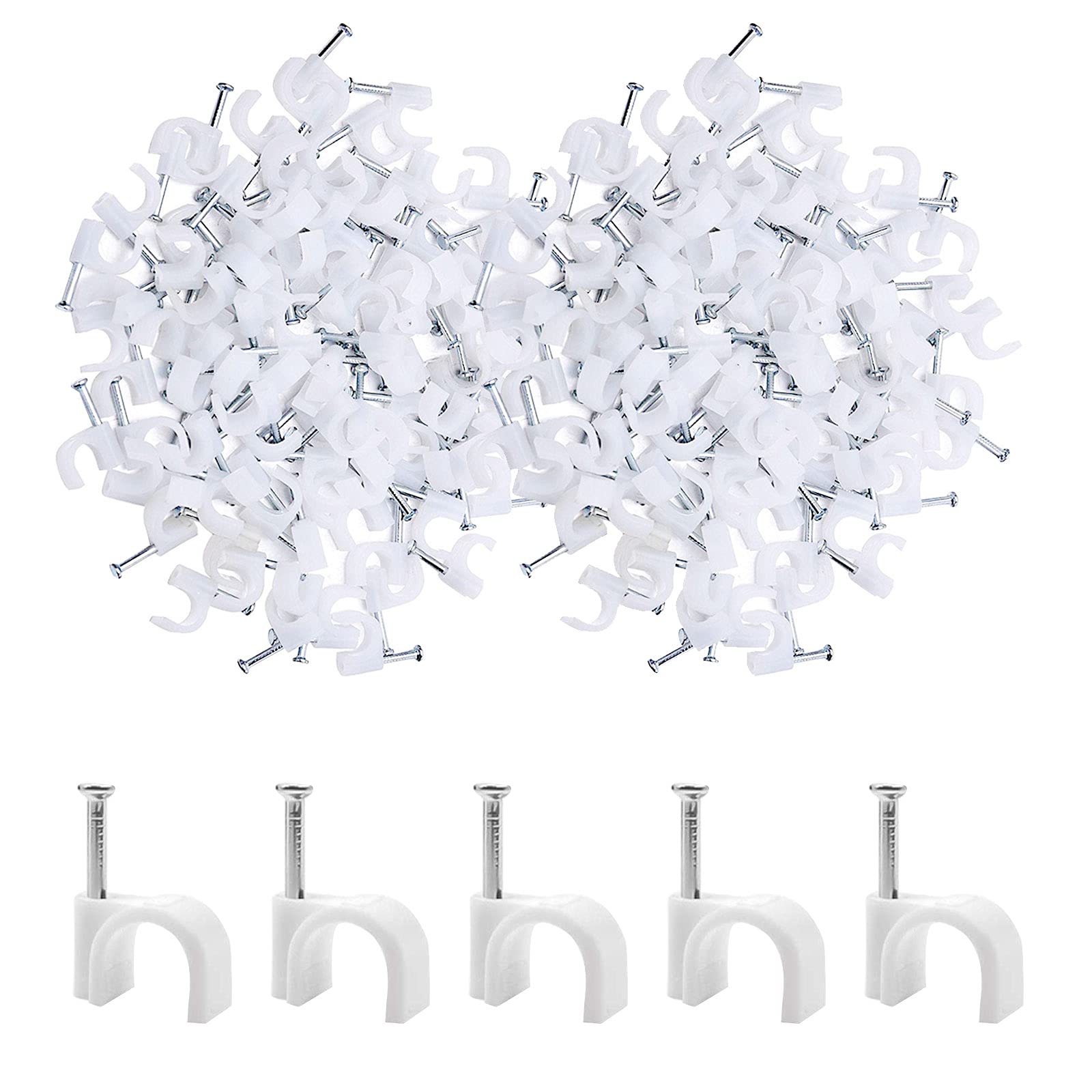 200 PCS 6mm White Round Cable Clips Management Cable Tidy Clips Electrical Cable Wall Clips Wire Clips Cable Lead Clips Wire Nail Clips Wire Pins Nails Tacks Holder Cable Pins Clip with Steel Nail