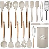 MIBOTE 17 Pcs Silicone Cooking Kitchen Utensils Set with Holder, Wooden Handles BPA Free Non Toxic Silicone Turner Tongs Spat