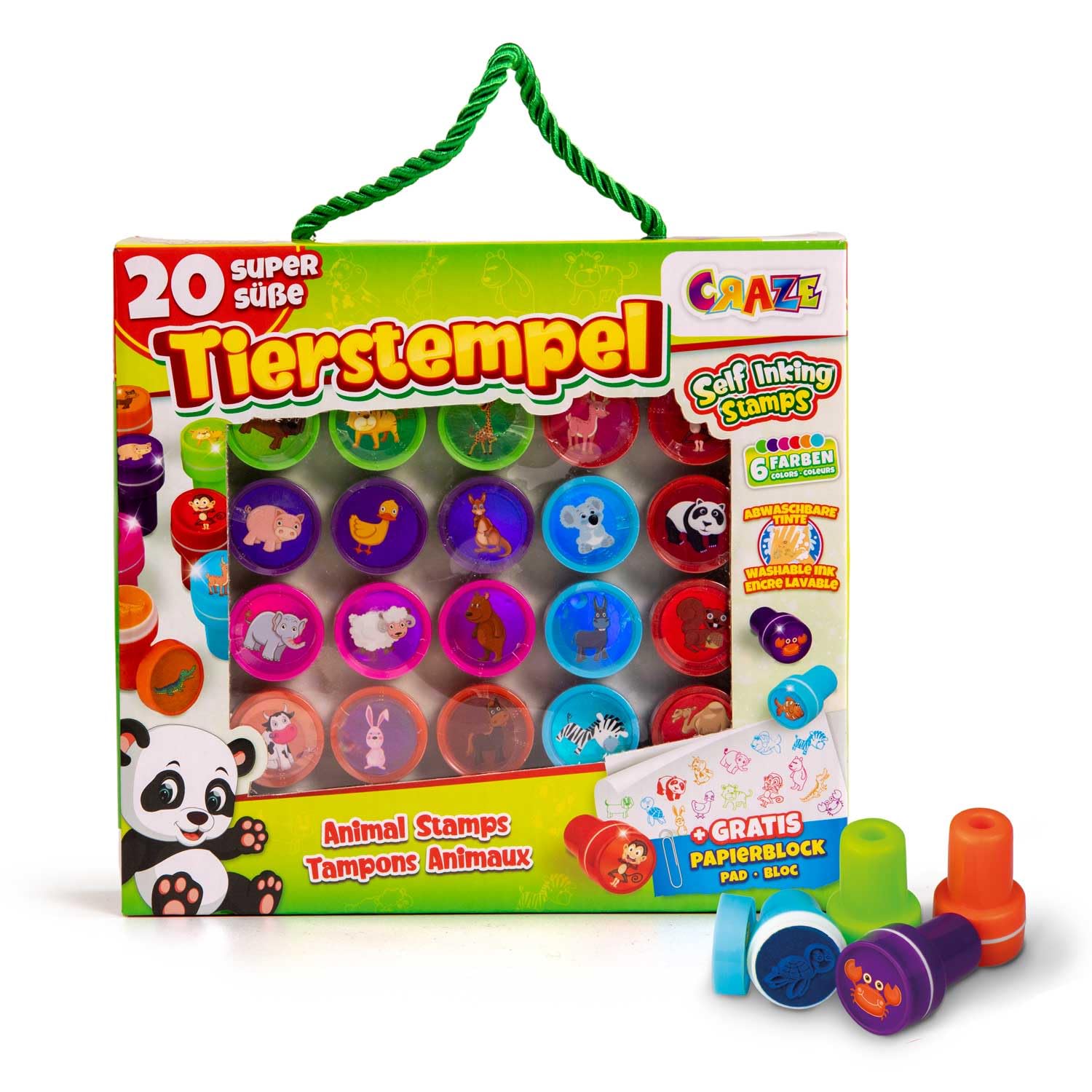 CRAZE stamp case 26 stamps for children animal motif stamp set including paper block in a case - washable ink 17784