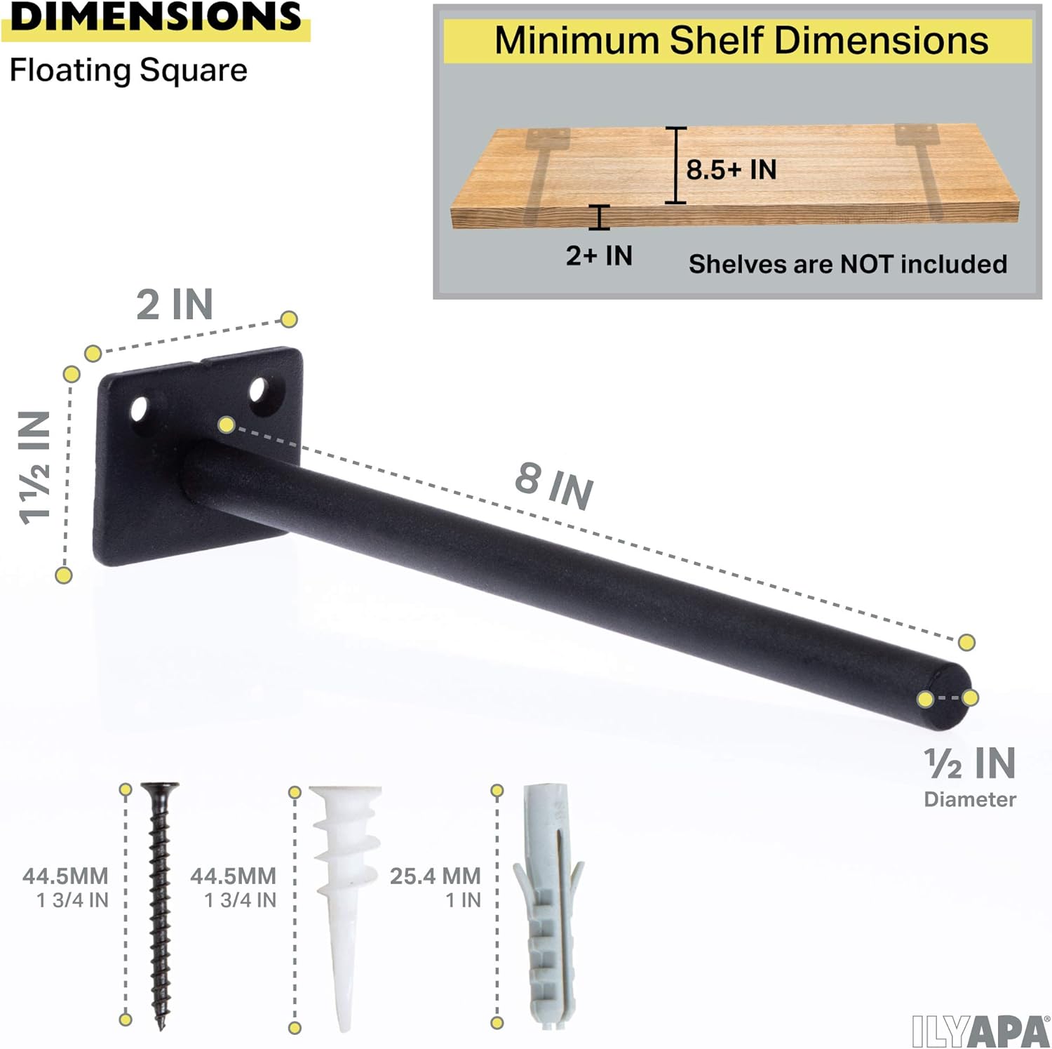Heavy Duty Steel Concealed Floating Shelf Brackets 4 Pack of 8 Inch Blind Shelf Supports with 1.5" x 2" Square Base - Farmhouse Rustic Iron Finish Industrial Metal Shelf Holders, Hidden Shelf Brackets: Home Improvement