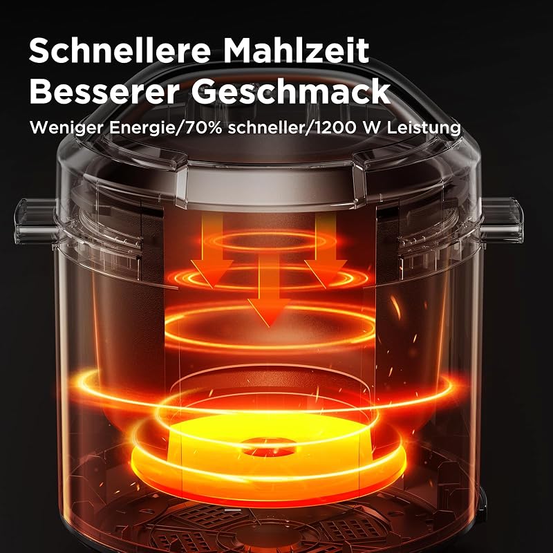 Elektrischer Schnellkochtopf 6L, 9-in-1 Multikocher mit 14 Funktionen, Joghurtbereiter, Reiskocher, Slow Cooker, Sous Vide, Dampfgarer, Nudelkocher, Edelstahl Innentopf, Schwarz