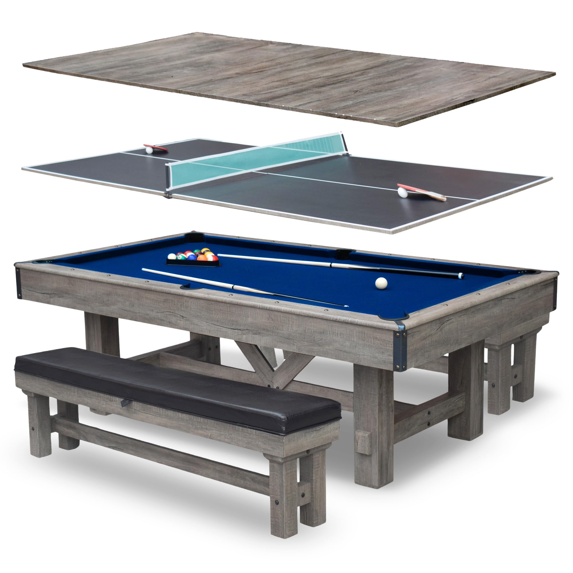Photo 1 of **SOME PIECES ARE BROKEN, REFER TO PICTURE*** Hathaway Logan 7 Foot Pool Table Combo with Benches – Billiard Table with Ping Pong and Dining Tops – Comes with Complete Game Accessories and Built-In Storage - Rustic Gray Barnwood Finish, Blue Felt
