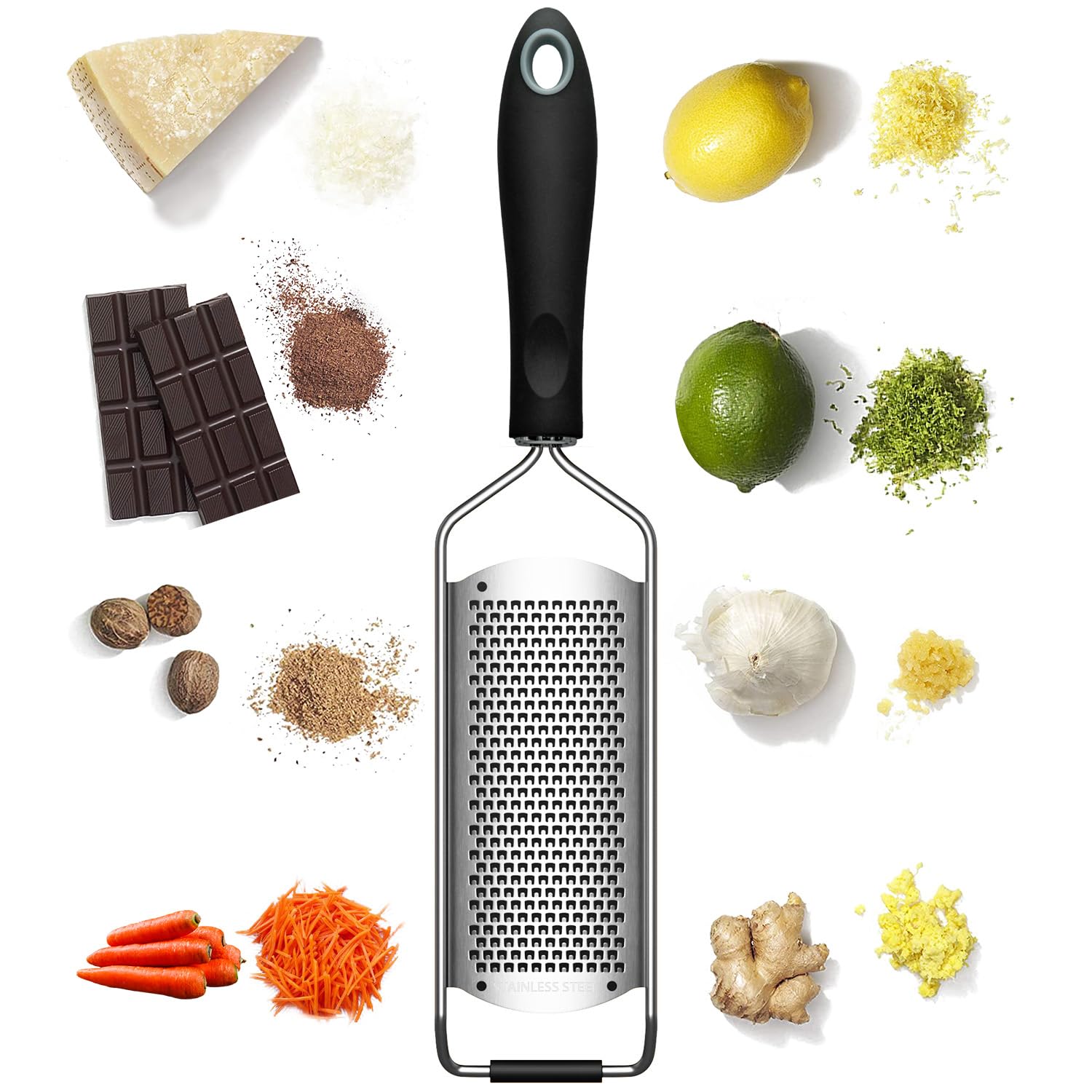 Parmesan Cheese Grater, Zester Grater Ideal for Grating Fine Parmesan Cheese, Lemon, Gingers, Garlic. Hand Grater Sharp Wide Stainless Steel, Dishwasher Safe, TPR Soft Handle