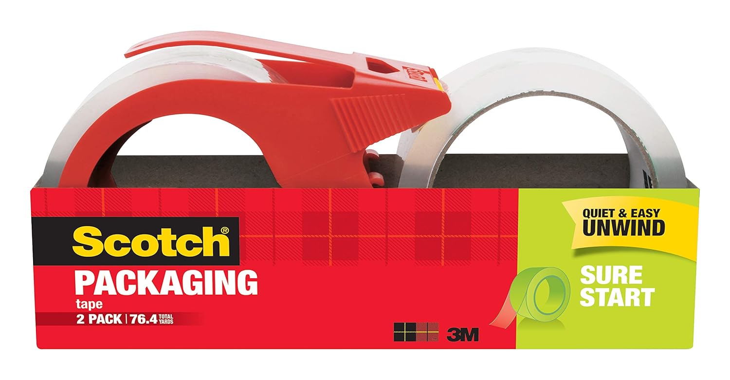 Scotch Sure Start Shipping Packaging Tape, 1.88 x 38.2 Yards, 2 Rolls and 1 Dispenser (3450S-2-1RD)