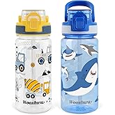 omedecal Kids Water Bottle for School, 16 Oz Plastic Straw Water Bottle with Silicone Spout and Leakproof Cover, Dishwasher Safe (Excavator/Shark)