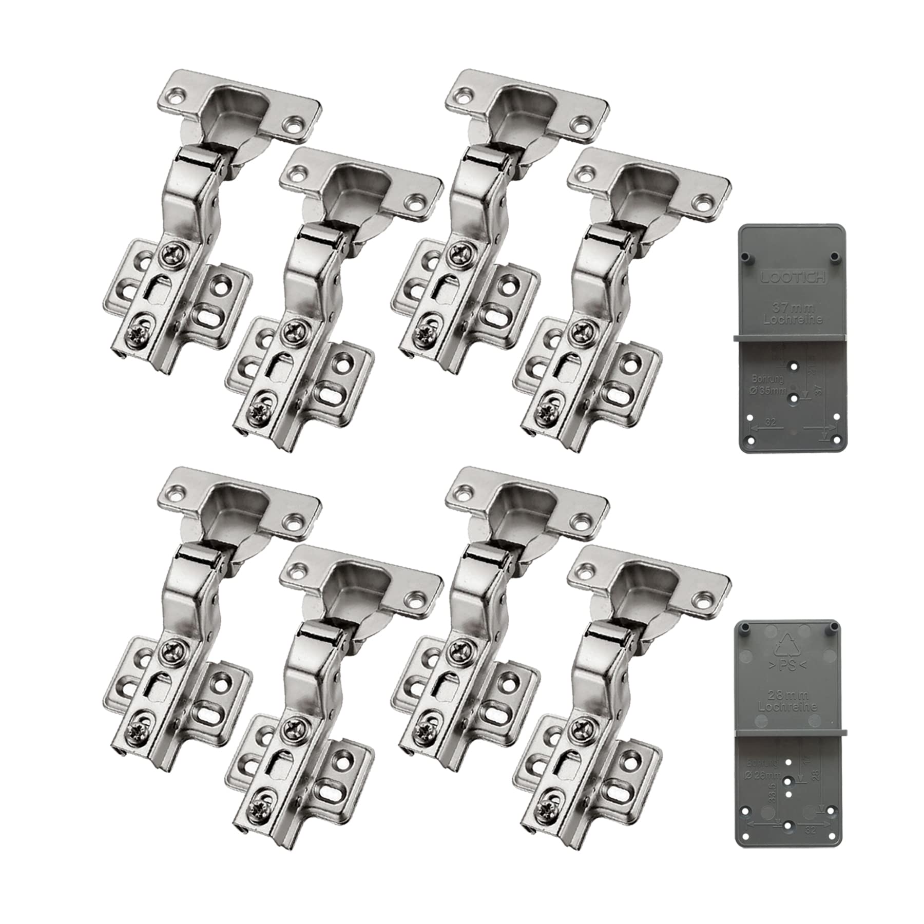 LOOTICH 105 Degree Fixed-On Inset Hinges for Kitchen Cabinet Cupboard Wardrobe Door Hinge with Integrated Soft Closing Mechanism Hydraulic Hinge Buffering with Drilling Template Pack of 8