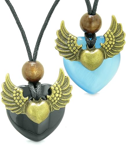 Amazon Com Angel Wings Love Couple Best Friends Heart Yin Yang Amulet Black Agate Blue Simulated Cats Eye Necklaces Jewelry
