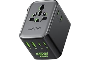 Epicka Pulse Duo 45W Universal Travel Adapter, International Power Adapter with PD & QC 3.0 Fast Charging for 2 Devices Simultaneously, European Travel Plug Adapter, Travel Essentials (Black)