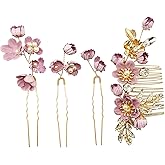 PRETTYLIFE Pink Flower Hair Accessories Set 4pcs Bridal Floral Rhinestone Pearl Gold Leaf Vine Hair Combs Pins Pieces for Wedding Prom