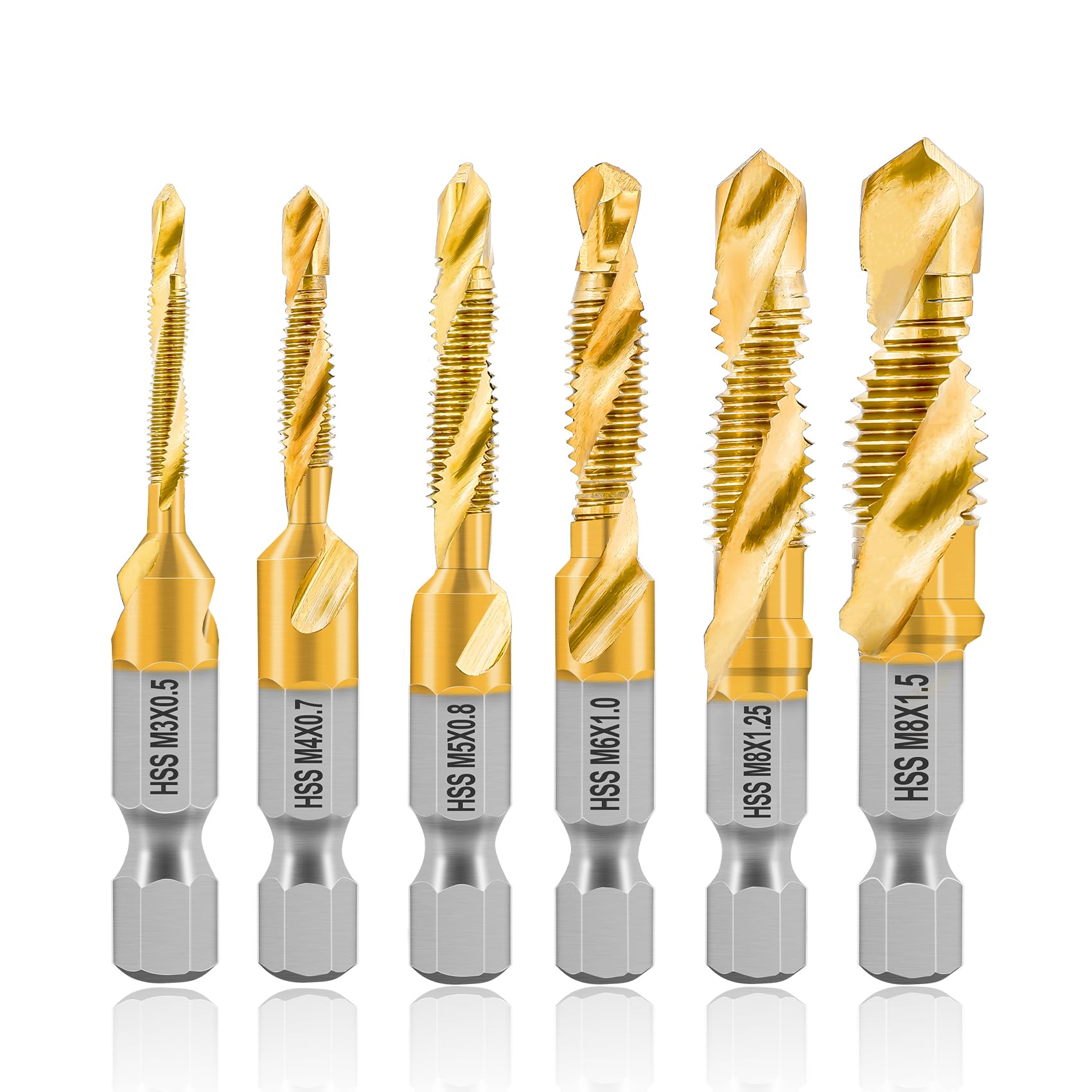 KURSTOL HSS Tap Bit Set - 6pcs Metric Combination Drill Tap Bit for Drilling, Tapping, Countersinking, Titanium Combination Drill Quick Change Shank Fixed on Tapping Machine