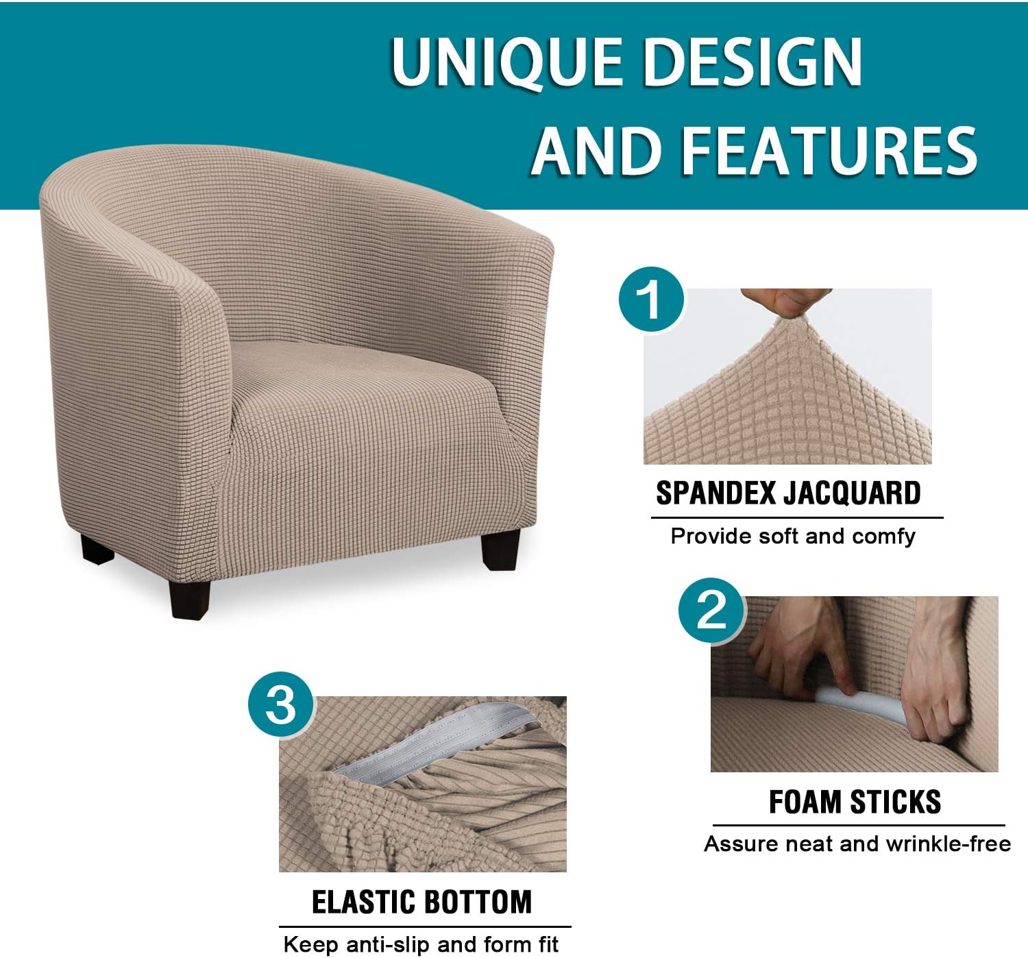 High Stretch Club Chair Cover Tub Chair Cover Armchair Sofa Slipcover with Elastic Bottom Super Soft Jacquard Spandex Skid Resistance Furniture Protector (1 Piece, Khaki): Furniture & Decor