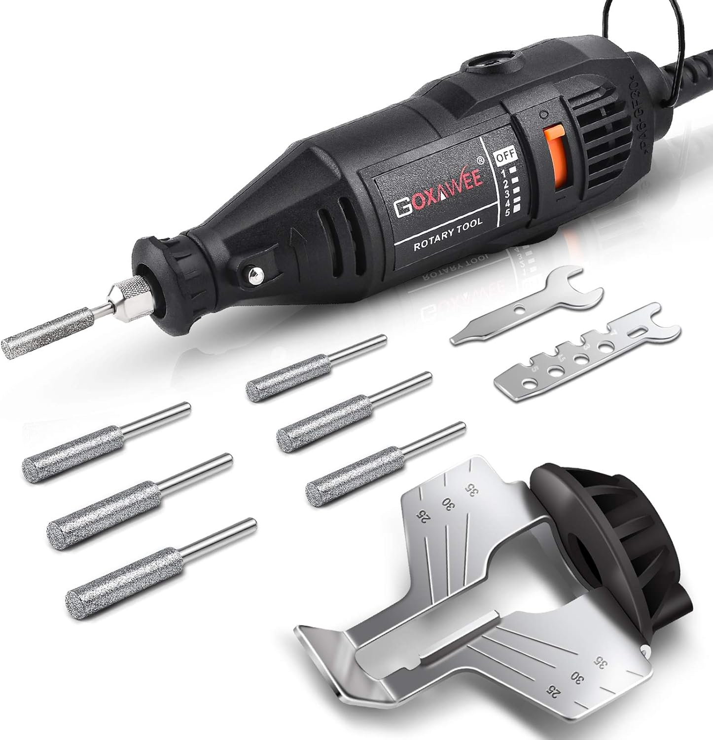 GOXAWEE Chainsaw Sharpener Kit 140W Power Chain Saw Sharpen Tool Set, Electric Blade Sharpening File Comes with 6pcs Diamond Sharpening Wheels, Angle Guide Attachment for Lumberjack & Garden Worker