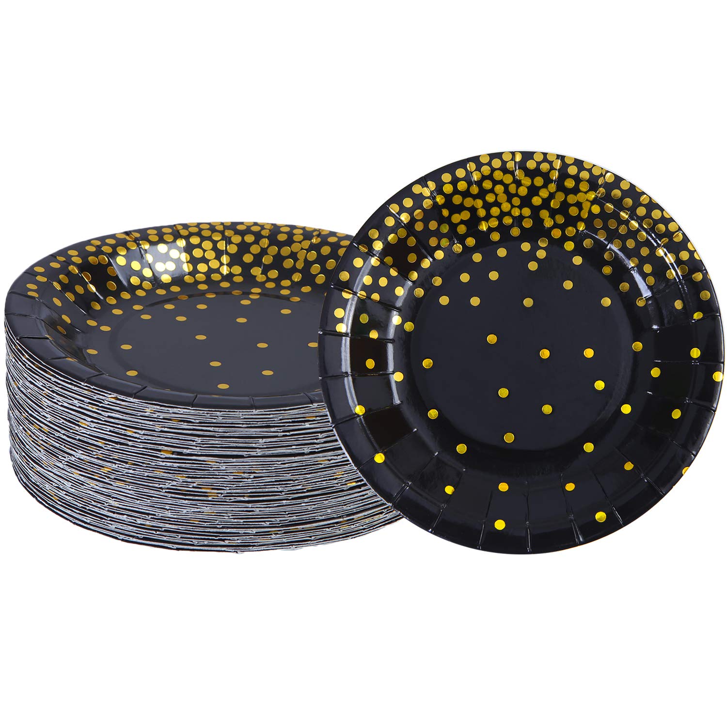 ANECO 60 Pieces 7 Inches Black Bronzing Disposable Paper Plates Dinnerware Plates Gold Foil Polka Dot Plates for Party Graduation Wedding Anniversary Birthday
