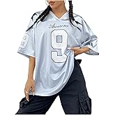 WDIRARA Women's Letter Graphic Print Basketball Jersey Half Sleeve T-Shirt Oversized Tee Streetwear Top