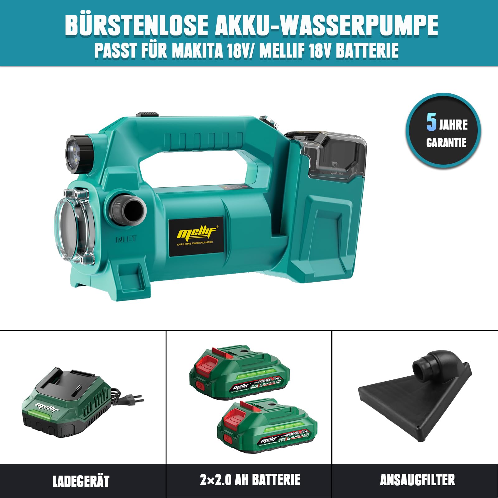Mellif Akku Wasserpumpe für Makita Akku 18V, Gartenpumpe mit Akku 4000 mAh,Bürstenlos Motor,Fördermenge 1895 L/h,Förderhöhe 18 m,LED Licht für Garten (inkl. MELLIF 2 Akku 2.0 Ah + 1 Ladegerät 2.0Ah) 2