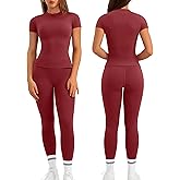 Relety Womens Two Piece Workout Sets Slim Fit Short Sleeve Shirt High Waist Leggings Yoga Outfits Matching Gym Set