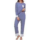 Namatime Womens Cotton Pajama Sets Stripe Long Sleeve 2 Piece Lounge Set Soft Pj Set Winter Loungewear Sleepwear with Pockets Maternity Postpartum Pajamas Dark Blue XL