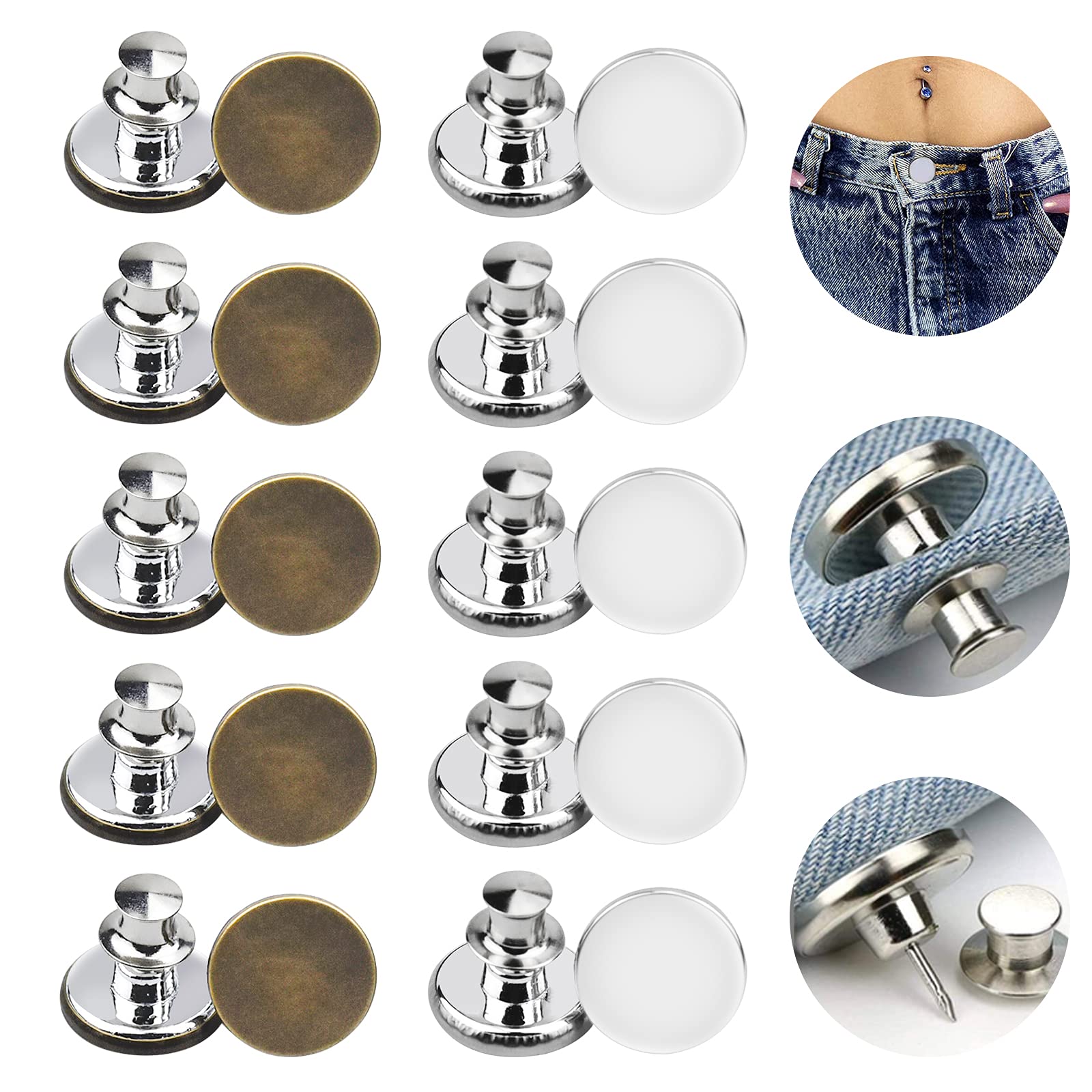 Komoyo Button Pins for Jeans 20 Pcs, Jean Button Replacement for Women, 2 Styles Adjustable Jean Button Pins 17mm Detachable Metal Clips Snap Tack, No Sew Instant Extend or Reduce Any Pants Waist